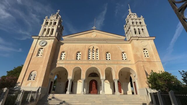 Paros Island,Lefkas Village,Still Frame of Holy Trinity Lefkes Orthodox Church on a sunny day with blue skies and white clouds.Beautiful Scenery.