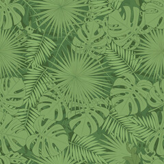 Seamless pattern of small green tropical leaves on light green