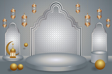 3d Islamic podium with gold arch and lanterns for ramadan celebrations, events and product display