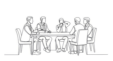 Business meeting, teamwork discussion, five people around table, simple line art