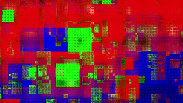 RGB glitch error, vibrant digital abstract background with a fragmented flickering geometric pattern in red, green, and blue