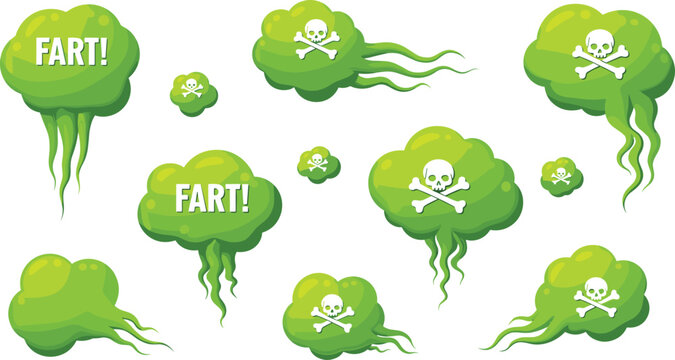 Cartoon Fart Cloud Vector Collection Featuring Green Gas Shapes, Skulls, and Humorous Designs for Comic Art and Fun