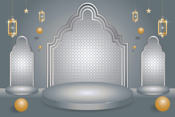 Elegant 3d Islamic archway and lanterns decorative background for events