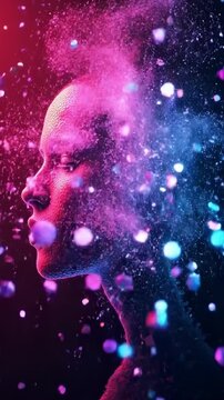 Conceptual sequence persons head exploding cloud neon particles representing thoughts consciousness