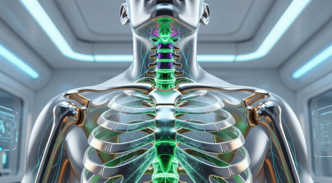 Futuristic human anatomy model with glowing spine and ribcage body skeleton