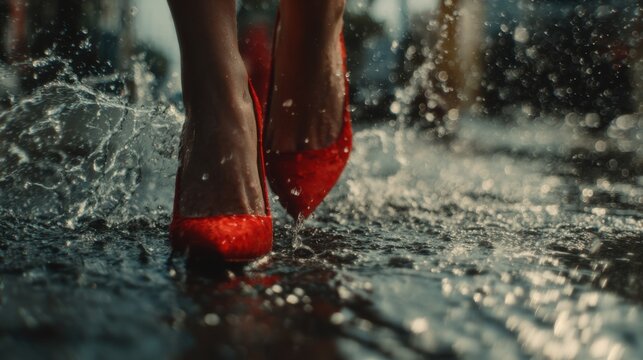 cinematic close-up of a real woman&rsquo;s legs walking through puddles in red steve madden heels, rain droplets splashing
