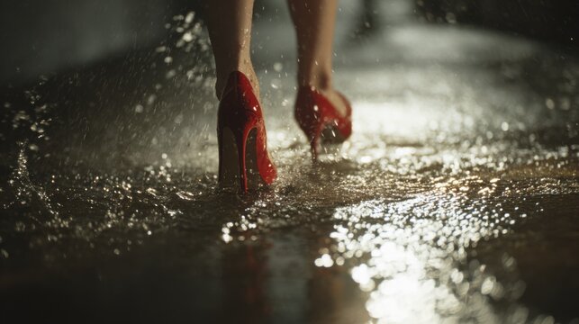 cinematic close-up of a real woman&rsquo;s legs walking through puddles in red steve madden heels, rain droplets splashing
