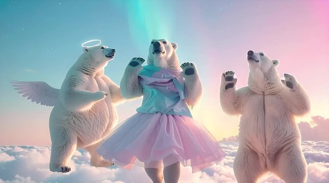 Polar bears in whimsical costumes dancing on clouds under aurora