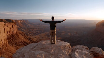Obraz premium Man with outstretched arms on cliff edge overlooking vast canyon landscape at sunset