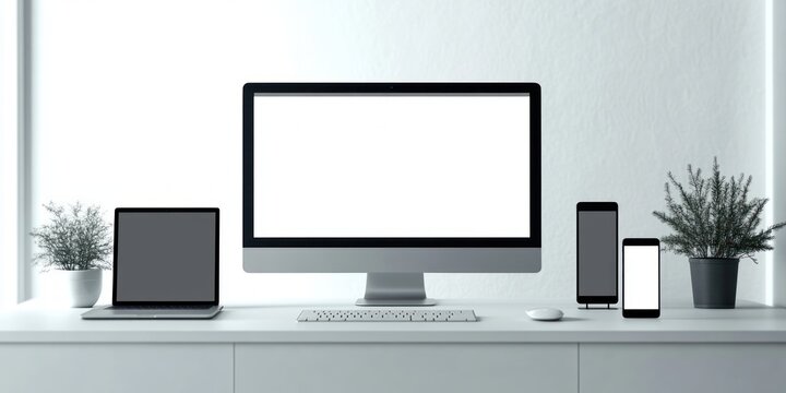 Minimalist bright workspace with large blank desktop monitor, laptop, two smartphones, keyboard, mouse and potted plants conveying calm, clean and organized productivity