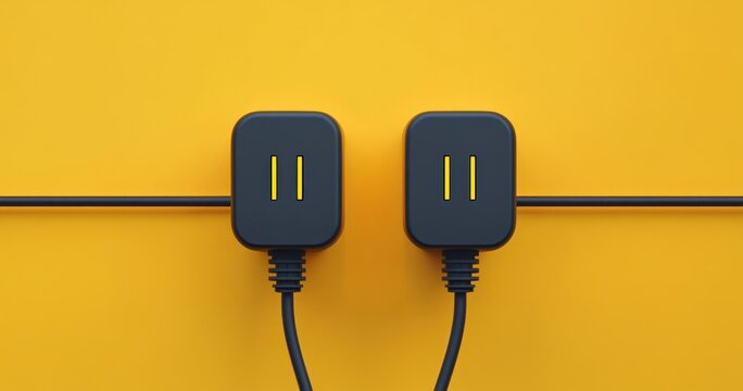 Two black electrical plugs with cords on a bright yellow background, symmetrical minimalist composition conveying a playful, modern and energetic mood