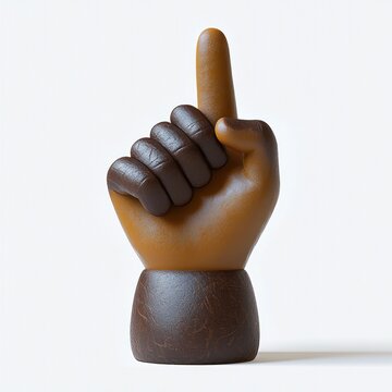 stylized brown hand sculpture with raised index finger on round base, textured leather-like finish, assertive gesture signaling attention and number one