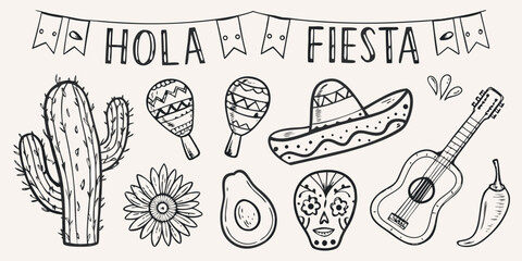 A festive doodle illustration with hola fiesta and traditional mexican elements © Ajay