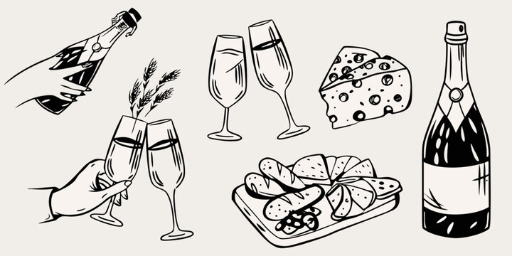 Celebratory sketch featuring champagne cheese and a festive toast