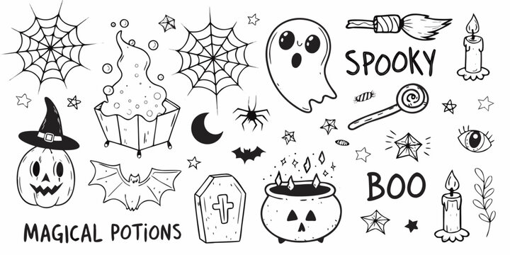 Hand drawn halloween elements including pumpkins ghosts and spooky magical items