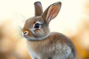 Obraz premium curious fluffy brown baby rabbit with soft fur, alert ears and gentle serene expression against a warm blurred background