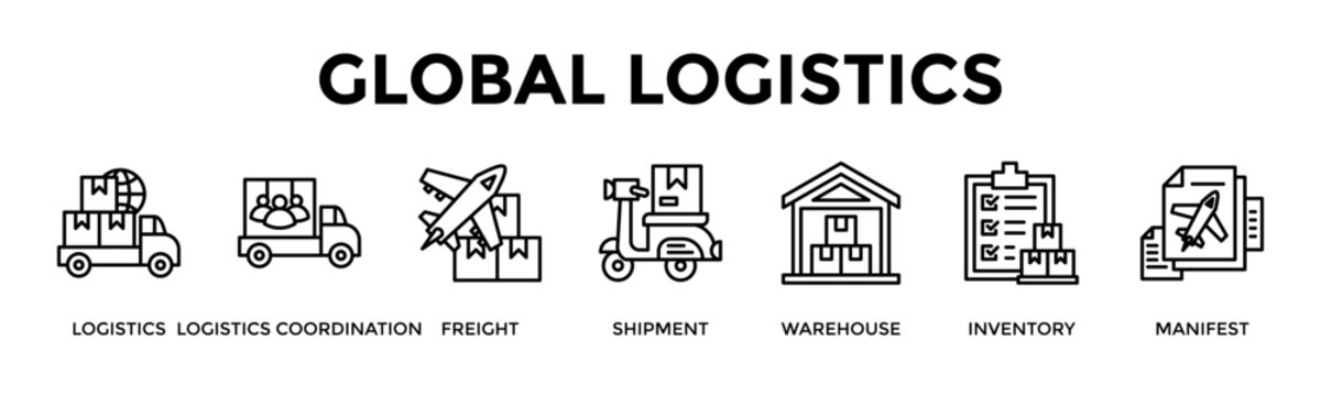 Global Logistics Banner Web Icon Set Collection Pack Vector Illustration Concept For Logistics, Logistics Coordination, Freight, Shipment, Warehouse, Inventory, Manifest