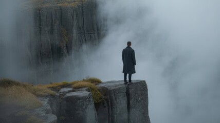 A solitary figure stands on a rocky cliff overlooking a misty waterfall.
