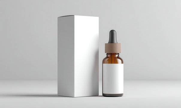 Amber glass dropper bottle with white label and white packaging box mockup on light gray background