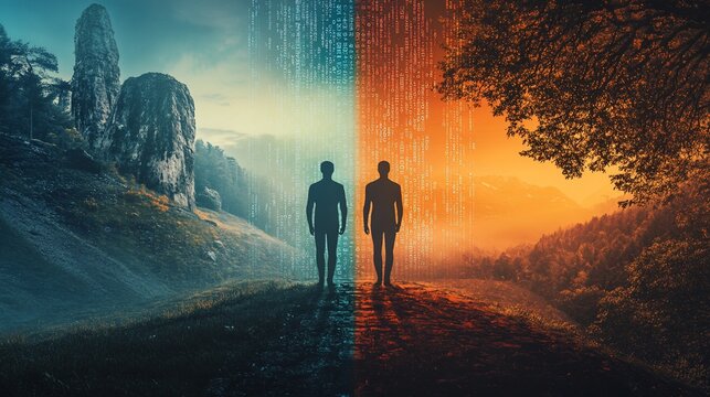 Men facing digital divide, nature backdrop, contrasting landscapes, concept art