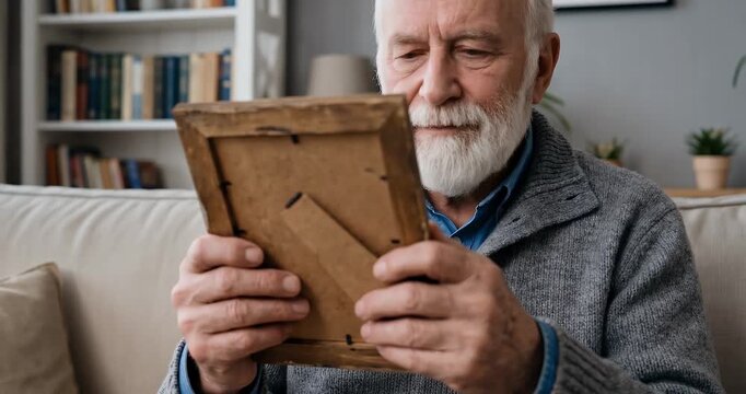An elderly man with a white beard sits on a sofa, looking thoughtfully at a wooden photo frame in his hands, recalling memories at home.