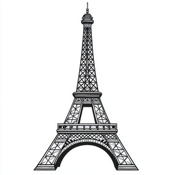 black and white line drawing of a tall iron lattice tower with arched base, observation levels, intricate trusswork and antenna, elegant nostalgic mood