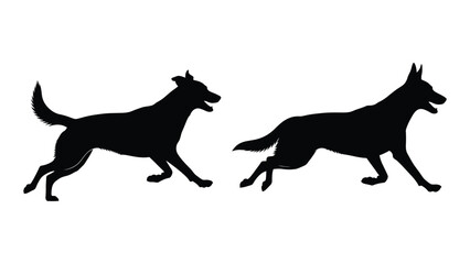 Two black silhouettes of dogs in a running or playful pose against a white background © Payara