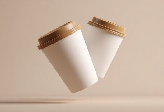 Two blank white paper coffee cups with brown lids floating against a soft beige background, mockup for branding