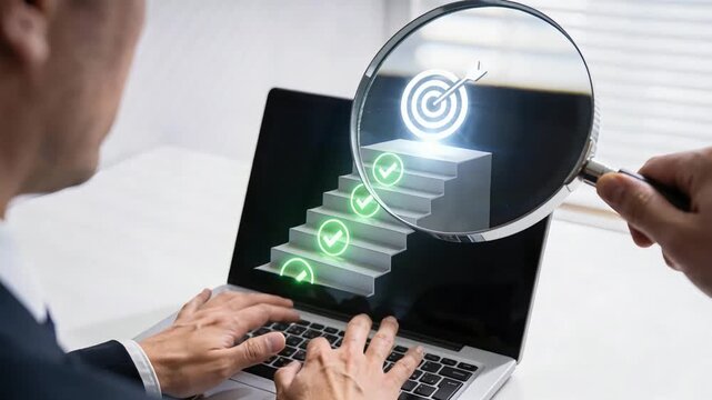Bright High-Quality Shot of Business Person Analyzing Success with Magnifying Glass on Laptop