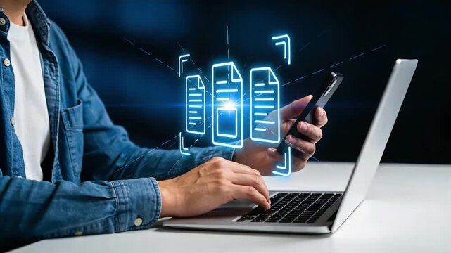 Person Using Laptop and Mobile Device with Digital Interface for Document Management and Review