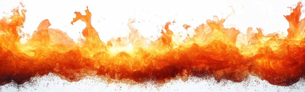 panoramic horizontal wave of orange and yellow flames and splashing liquid with glowing embers, sparks and dynamic energetic motion on a white background