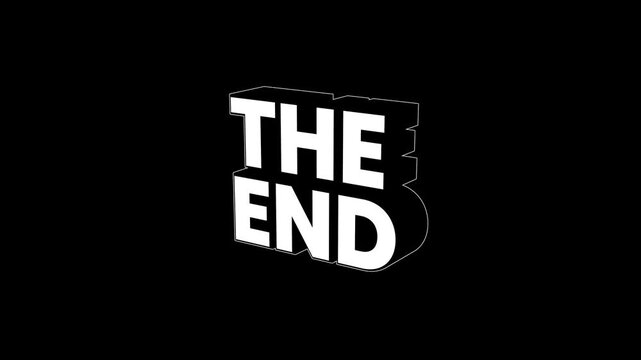 The end 3d title text animation isolated on black background