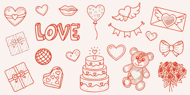 Hand drawn love themed doodles including hearts gifts and a teddy bear
