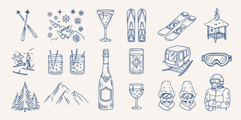 Winter themed doodles including skiing drinks and mountainous scenery © Suvro