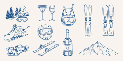 Winter sports and apr s ski themed sketches in a blue toned style © Suvro