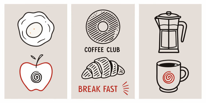 Breakfast icons featuring eggs pastries coffee and fresh fruit
