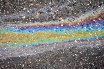 The asphalt shimmered with a dazzling array of colors, reflecting an iridescent film on its wet surface caused by a fuel or petroleum spill