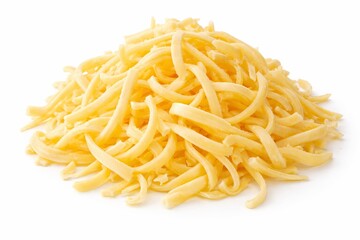 A 3D semi-realistic pile of shredded cheese strands arranged loosely. With soft texture, subtle curls, and natural yellow tones. Strong layered dimensional depth, clean white background