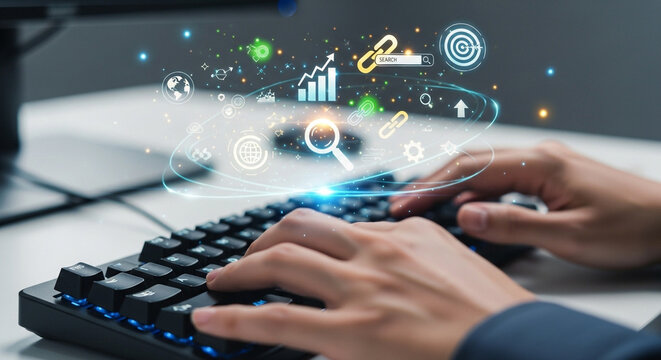 Professional using a keyboard with digital analytics and strategy visuals overlayed.