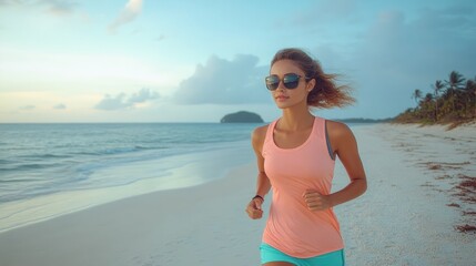 Fototapeta premium Woman jogging along empty tropical beach with calm sea, distant island, palm trees and pastel sky, feeling energized and peaceful