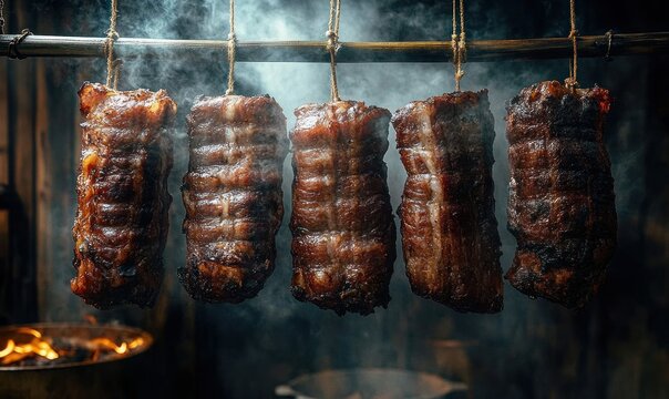 Five slabs of smoked meat hanging from a wooden pole by ropes above a glowing fire, glistening caramelized crusts and a smoky, rustic, mouthwatering atmosphere