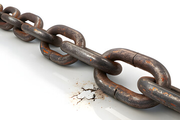 Obraz premium Closeup of a heavy, rusty metal chain link showing signs of wear and corrosion, lying on a reflective white surface