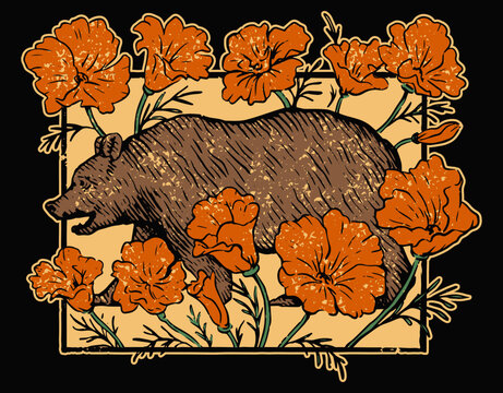 Bear Poppy Flowers Nature Design - printable editable vector art file.