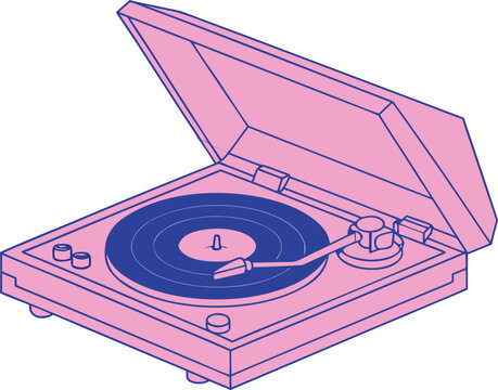 Retro vinyl record player vector illustration featuring a pink turntable with a blue record and open lid on a clean white background