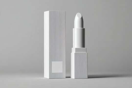 Luxury white lipstick with zebra print packaging mockup standing next to its box on a neutral gray background