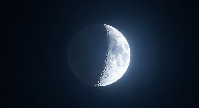 A detailed image of the half-lit moon in space, highlighting craters and the dark side