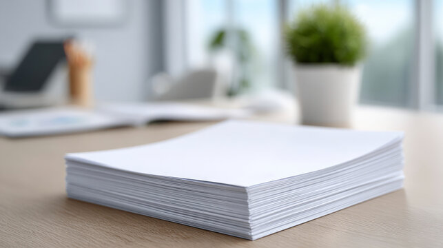 Stack of white paper sheets on a wooden desk in a bright office setting