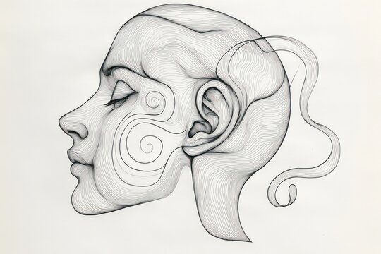 Monochrome line drawing of a human head profile with detailed ear and flowing ribbon-like strand conveying calm introspection