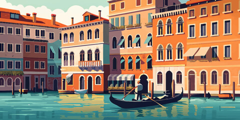 Fototapeta premium Gondolier navigating through serene Venetian canal
