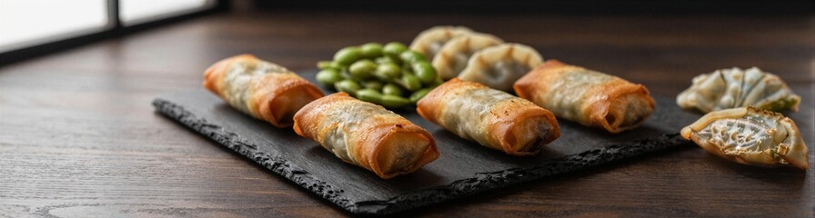 Fototapeta premium Crispy spring rolls and dumplings plated on slate board